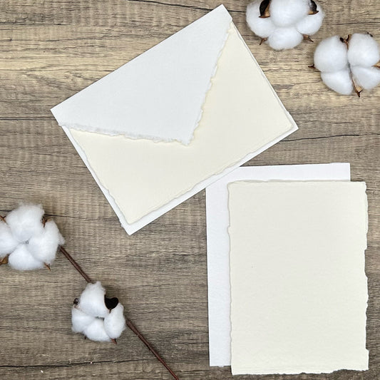 White Wedding Invitation Set 20pcs - Handmade Cotton Paper & Envelopes, Deckle Edge, RSVP Cards, Save the Dates