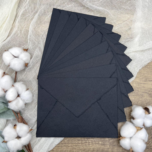Black Wedding Invitation Set 20pcs - Handmade Cotton Paper & Envelopes, Deckle Edge, RSVP Cards, Save the Dates