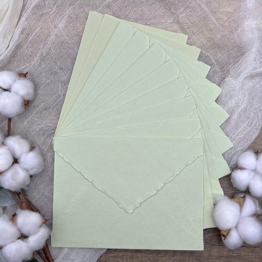 10 Light Green Handmade Cotton Deckle Edge Envelopes | Cotton Rag Paper | Torn Edge Stationery for Invitations, Announcements, Wedding, RSVP