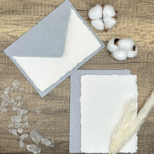 Silver Gray Stationery Set 20pcs - Handmade Cotton Paper & Envelopes, Deckle Edge, Calligraphy, Thank You Cards, RSVP, Letter Writing