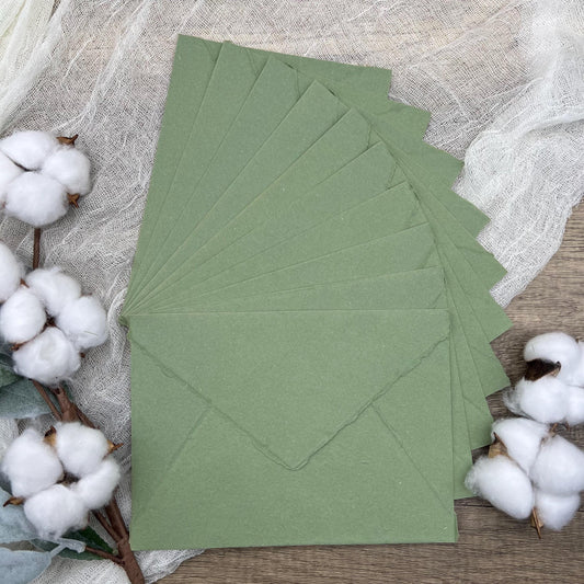 10 Desert Sage Handmade Cotton Deckle Edge Envelopes | Cotton Rag Paper | Torn Edge Stationery for Invitations, Announcements, Wedding, RSVP
