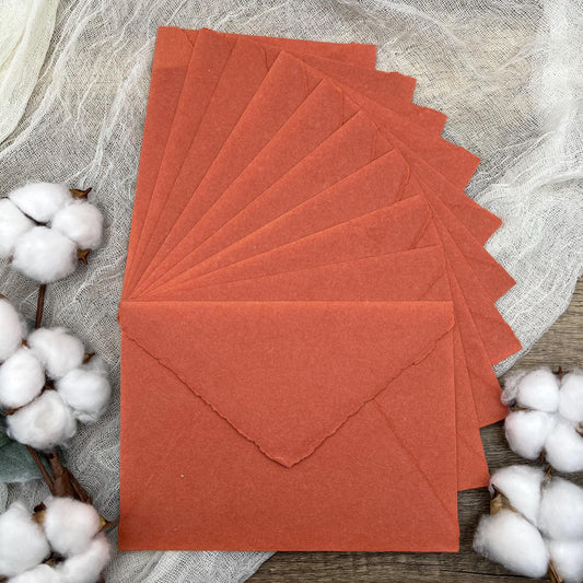 10 Terra Cotta Handmade Cotton Deckle Edge Envelopes | Cotton Rag Paper | Torn Edge Stationery for Invitations, Announcements, Wedding, RSVP