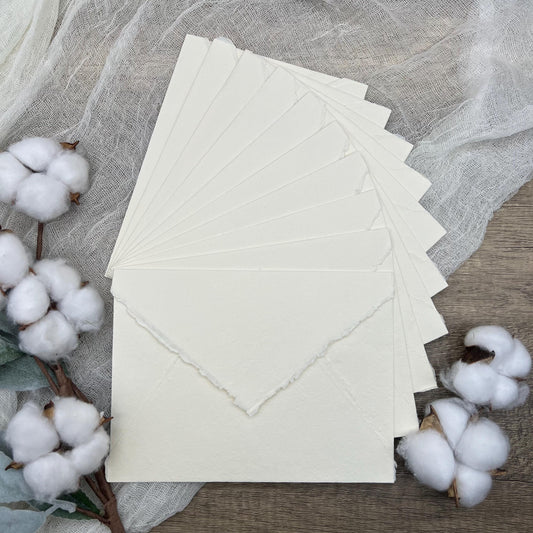 10 Ivory Handmade Cotton Deckle Edge Envelopes | Cotton Rag Paper | Torn Edge Stationery for Invitations, Announcements, Wedding, RSVP