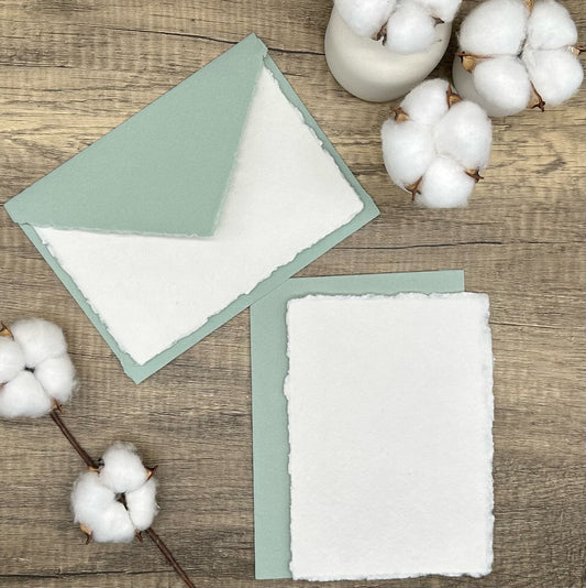 Light Sage Green Wedding Invitation Set 20pcs - Handmade Cotton Paper & Envelopes, Deckle Edge, RSVP Cards, Save the Dates