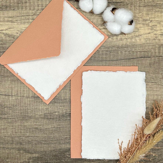 Coral Peach Wedding Invitation Set 20pcs - Handmade Cotton Paper & Envelopes, Deckle Edge, RSVP Cards, Save the Dates