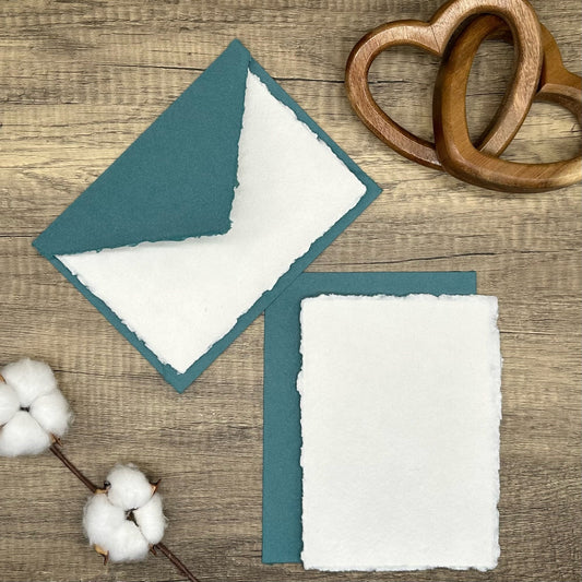 Teal Wedding Invitation Set 20pcs - Handmade Cotton Paper & Envelopes, Deckle Edge, RSVP Cards, Save the Dates