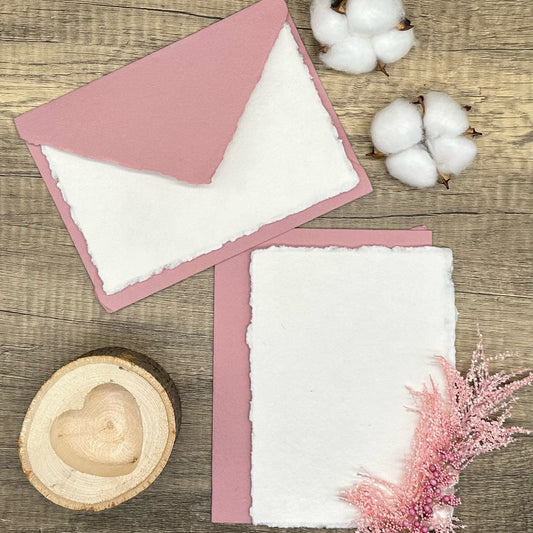 Dusty Rose Wedding Invitation Set 20pcs - Handmade Cotton Paper & Envelopes, Deckle Edge, RSVP Cards, Save the Dates