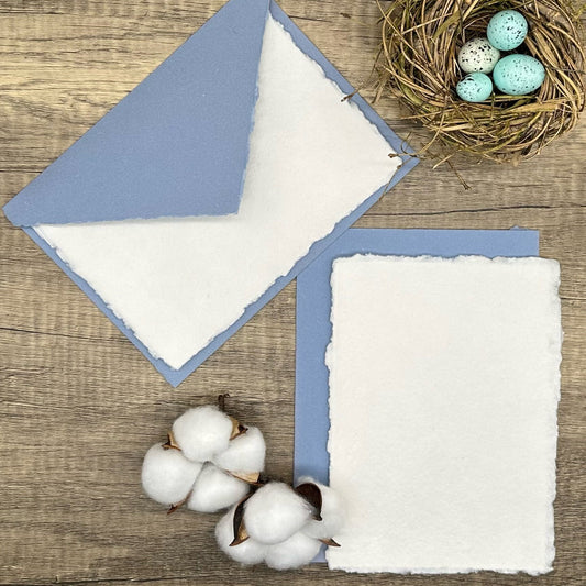 Sky Blue Wedding Invitation Set 20pcs - Handmade Cotton Paper & Envelopes, Deckle Edge, RSVP Cards, Save the Dates