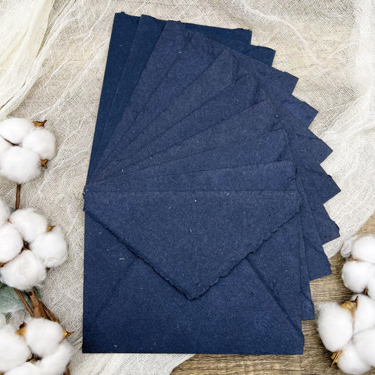 10 Indigo Handmade Cotton Deckle Edge Envelopes | Cotton Rag Paper | Torn Edge Stationery for Invitations, Announcements, Wedding, RSVP