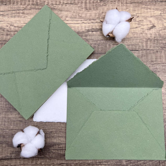 10 Desert Sage Handmade Cotton Deckle Edge Envelopes | Cotton Rag Paper | Torn Edge Stationery for Invitations, Announcements, Wedding, RSVP