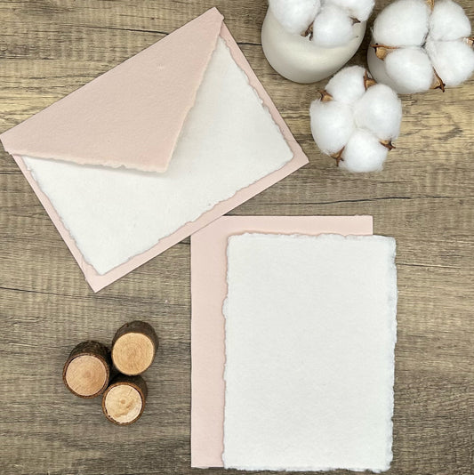 Nude Pink Wedding Invitation Set – 10 Cotton Sheets + 10 Envelopes, Deckle Edge Handmade Paper