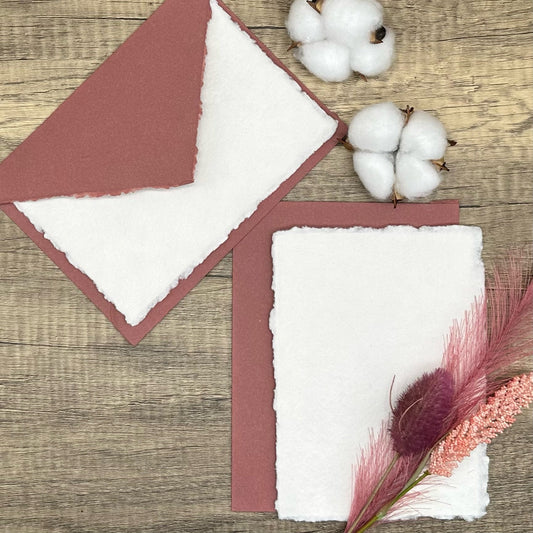 Brick Red Wedding Invitation Set 20pcs - Handmade Cotton Paper & Envelopes, Deckle Edge, RSVP Cards, Save the Dates