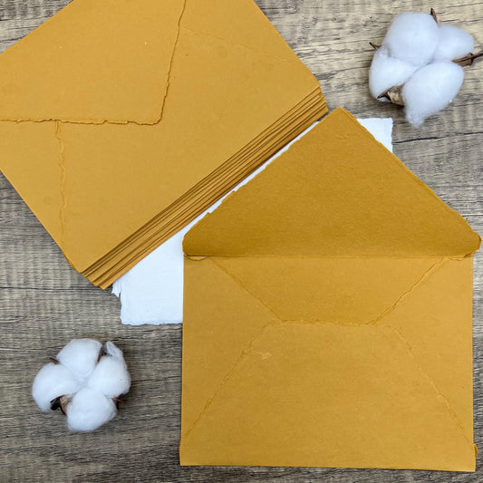 10 Honey Gold Handmade Cotton Deckle Edge Envelopes | Cotton Rag Paper | Torn Edge Stationery for Invitations, Announcements, Wedding, RSVP