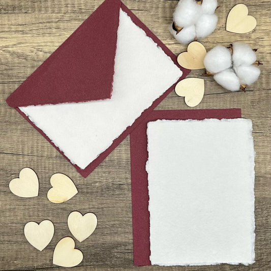 Wine Red Wedding Invitation Set 20pcs - Handmade Cotton Paper & Envelopes, Deckle Edge, RSVP Cards, Save the Dates