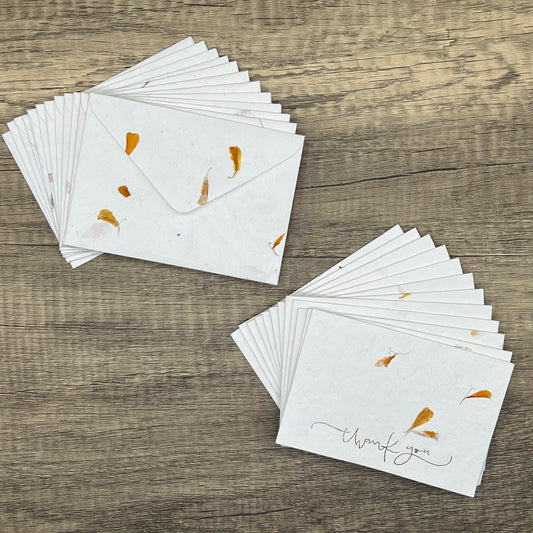 12 Piece Handmade  Flower Petal Cotton Paper Thank You Card Set - Gold Embossed, RSVP Size, Variety Pack