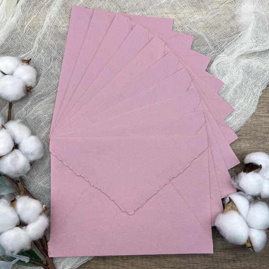 10 Cotton Candy Pink Handmade Cotton Deckle Edge Envelopes | Cotton Rag Paper | Torn Edge Stationery for Invitations, Wedding, RSVP