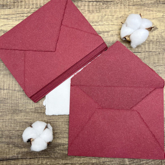 10 Wine Red Handmade Cotton Deckle Edge Envelopes | Cotton Rag Paper | Torn Edge Stationery for Invitations, Announcements, Wedding, RSVP