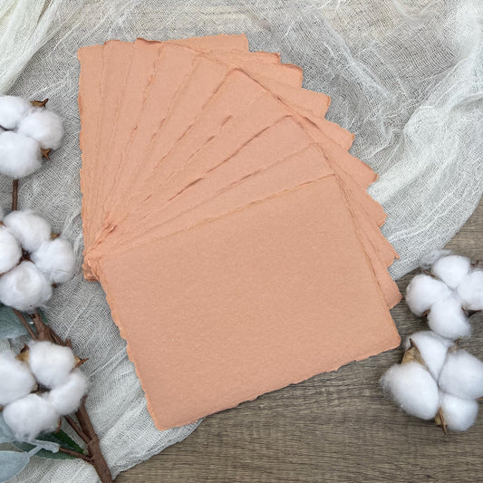 Coral Peach Handmade Cotton Paper | Deckle Edge Paper 10 Sheets | 300gsm | Wedding, Art, Stationery | Torn Edge Paper | Cotton Rag