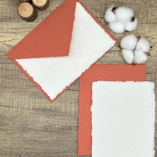 Terra Cotta Stationery Set 20pcs - Handmade Cotton Paper & Envelopes, Deckle Edge, Calligraphy, Thank You Cards, RSVP, Letter Writing