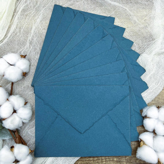 10 Smoky Blue Handmade Cotton Deckle Edge Envelopes | Cotton Rag Paper | Torn Edge Stationery for Invitations, Announcements, Wedding, RSVP