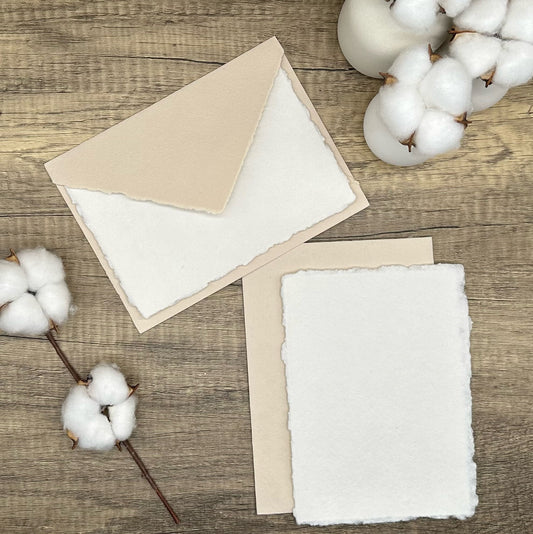 Beige Stationery Set 20pcs - Handmade Cotton Paper & Envelopes, Deckle Edge, Calligraphy, Thank You Cards, RSVP, Letter Writing