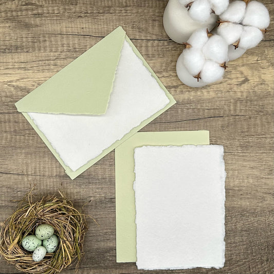 Light Green/Honeydew Wedding Invitation Set 20pcs - Handmade Cotton Paper & Envelopes, Deckle Edge, RSVP Cards, Save the Dates